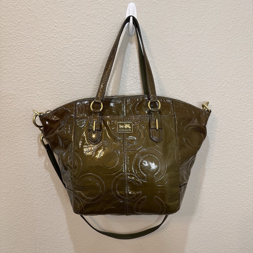 Coach Olive Green Op Art Embossed Patent Leather Madison Satchel Tote Bag